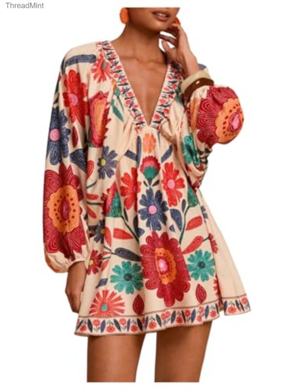 Boho Floral V Neck Mini Dress Long Sleeve Tie Back Shift Dress 100% Polyester